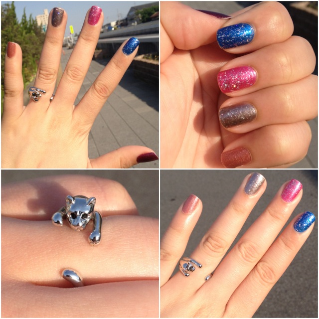 colored nails, rings, cat ring, anel